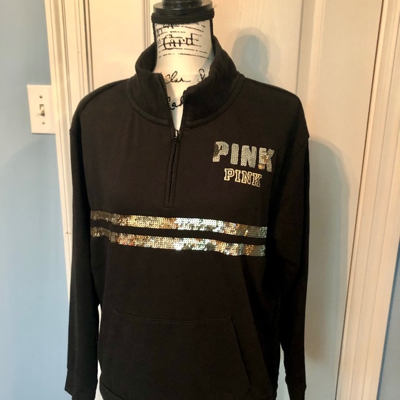 PINK Victoria's Secret Tops - PINK VS!!  Black long sleeve pullover with gold sequins, front pockets